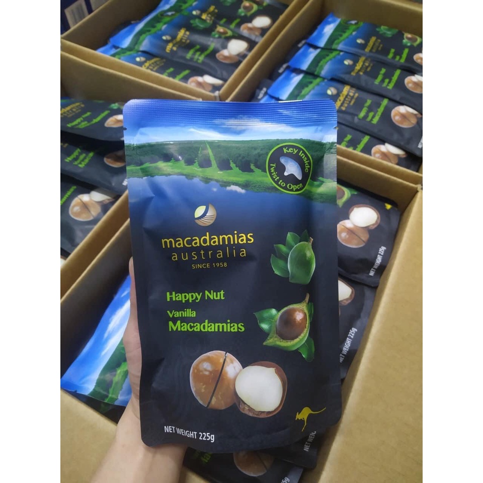 Hạt maca nguyên vỏ Úc happy nut vị vanilla macadamias Úc Healthy care quatangme