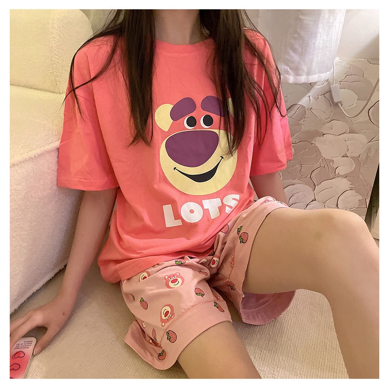 Bộ Đồ Ngủ Tay Ngắn Cổ Tròn In Hình Gấu/Dâu Tây Dễ Thương Thời Trang Mùa Hè Cho Nữ