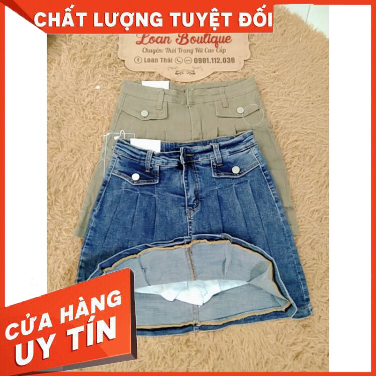 {CHÂN VÁY JEAN}_  Chân váy Jean ngắn dáng xòe xếp li_Váy bò chữ A chiết li chất đẹp co giãn