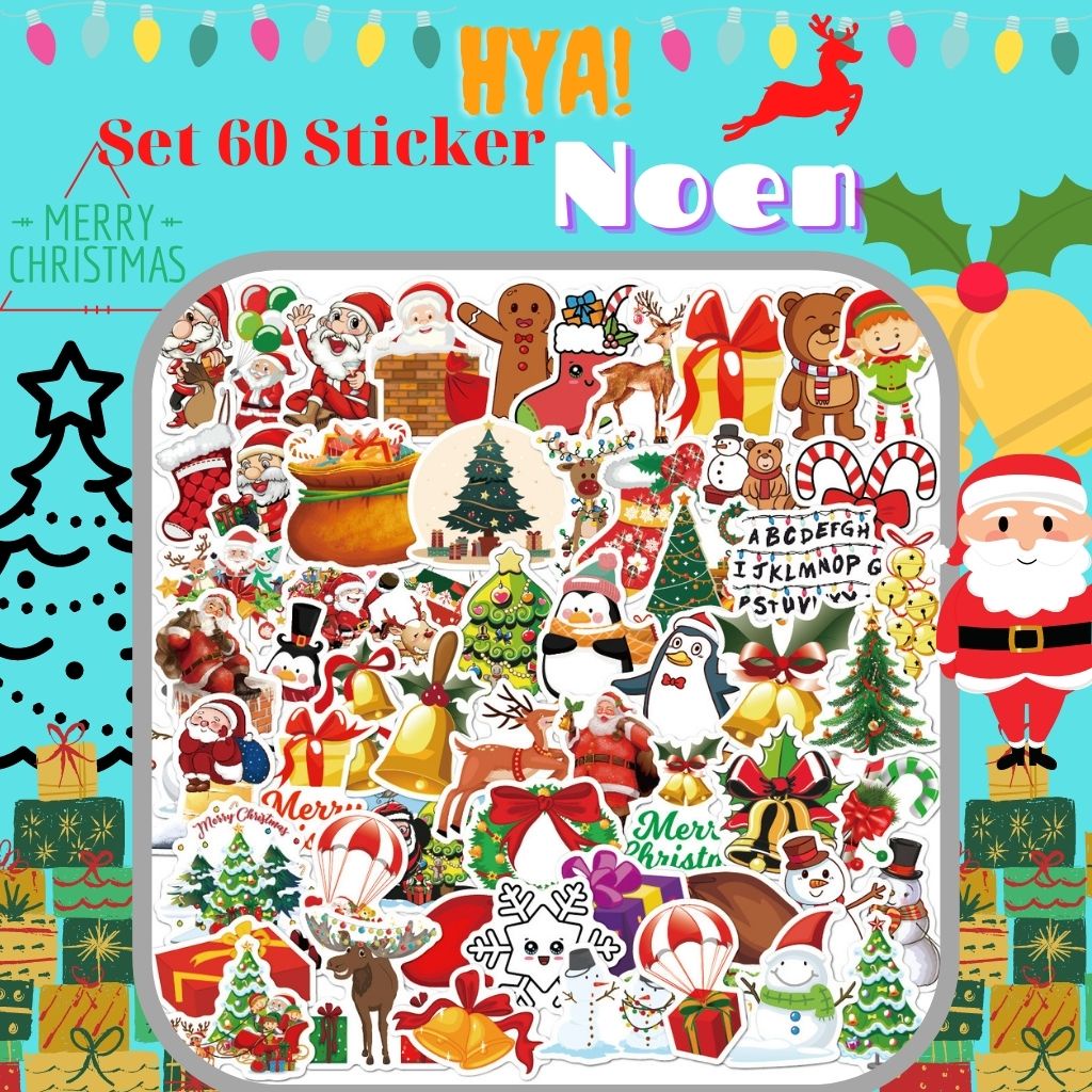 Hình dán sticker cute dễ thương HYA Set Noel 60 hình dán chống nước trang trí mũ bảo hiểm, xe máy, laptop,ván trượt,vali