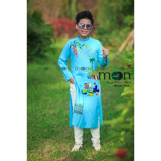 [ÁO DÀI TẾT] Áo dài thô linen cách tân bé trai VNS 321 Moon Xinh - Màu xanh - Họa tiết vẽ tay thủ công-Full size 8-70kg
