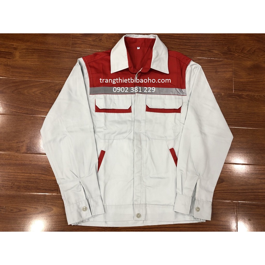 Bộ quần áo bảo hộ vải kaki màu ghi phối đỏ DN12 - hình thật