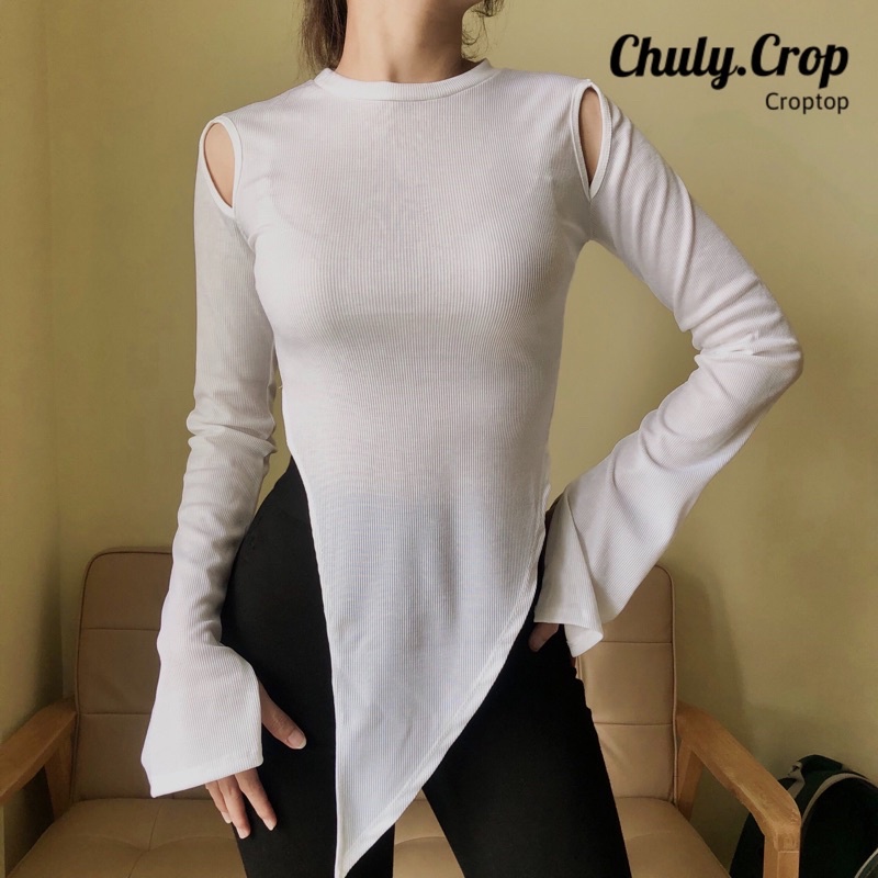 Áo cut-out tay dài vạt xéo dài bao chanh sả, vải xịn mịn. | BigBuy360 - bigbuy360.vn