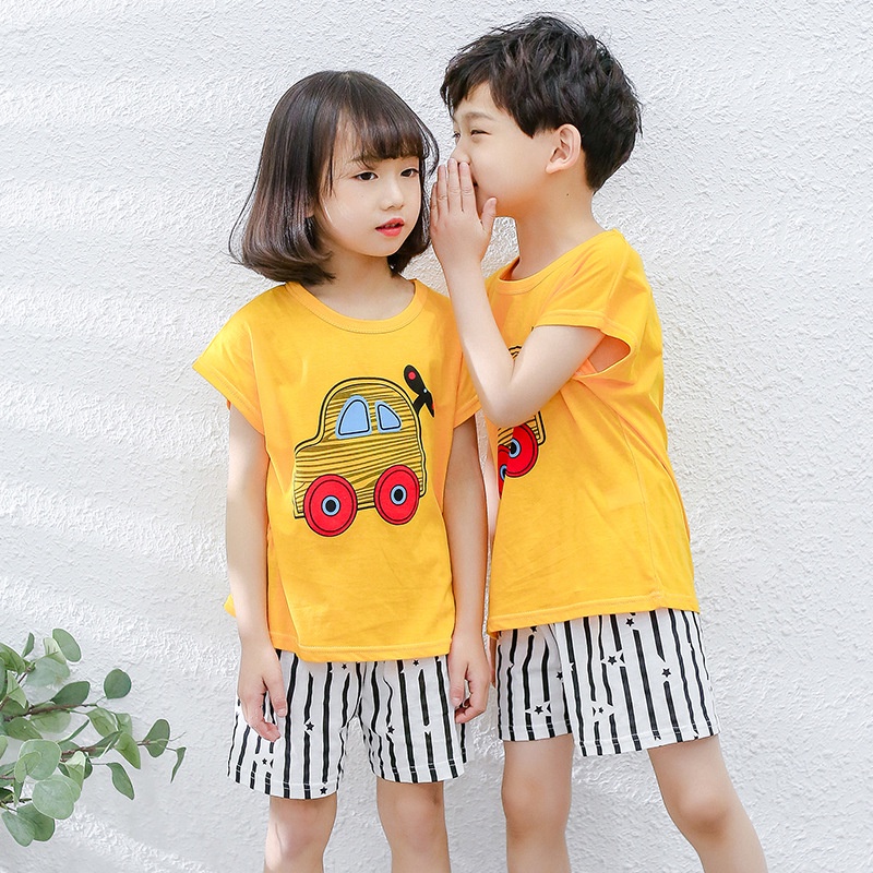 Bộ Áo Thun Tay Ngắn + Quần Short Bằng Cotton Nguyên Chất In Họa Tiết Hoạt Hình Phong Cách Hàn Quốc Thời Trang Cho Trẻ Em 90-150cm