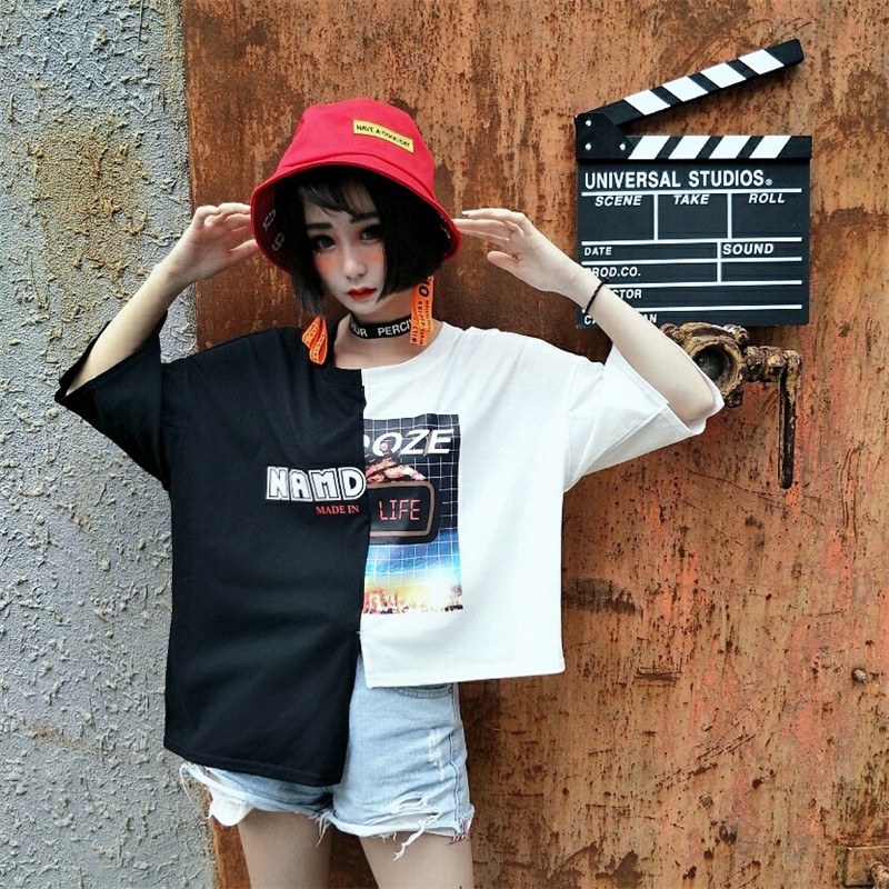 SUXI Áo thun ngắn tay in hình phong cách Hàn Quốc