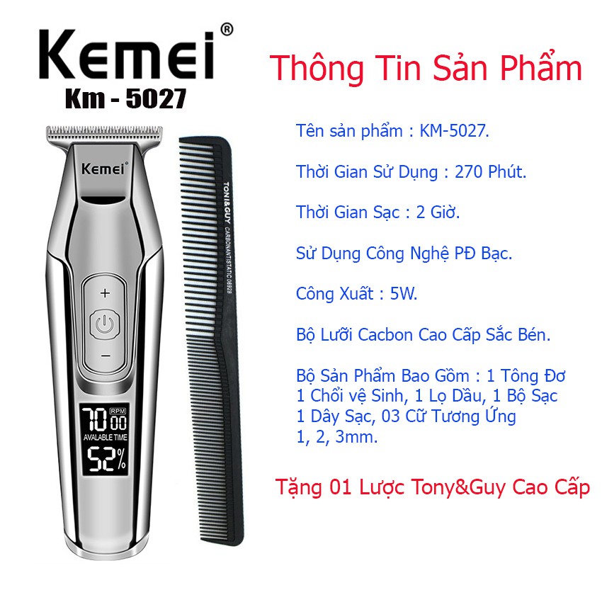 Tông Đơ Chấn Viền Cao Cấp Kemei 5027 Công Nghệ Mới Hiện Đại Nhất Sạc 1,5 Giờ Sử Dụng 210 Phút Bảo Hành 12 Tháng