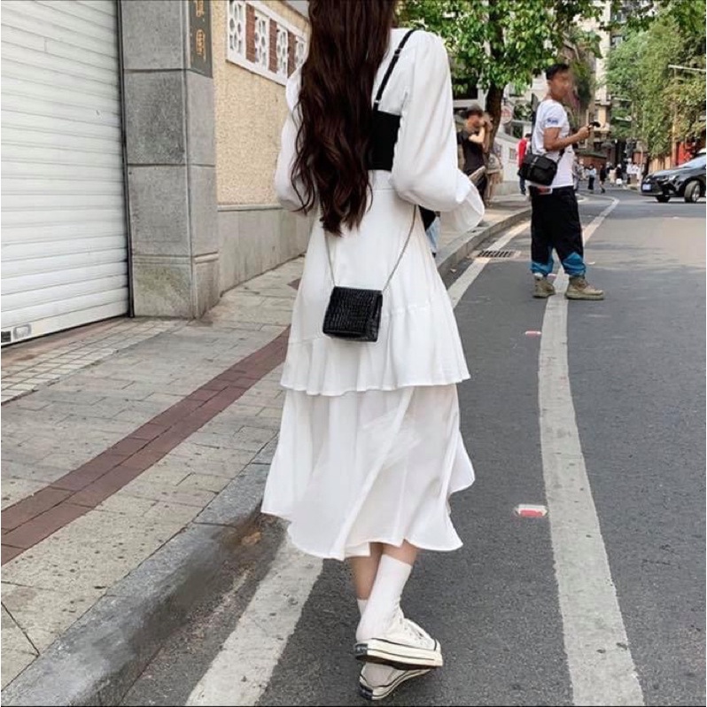 Đầm maxi kiểu dài nữ tay dài voan trắng peplum tầng bèo kèm áo hai dây croptop nơ ngực mặc ngoài đen - Order taobao
