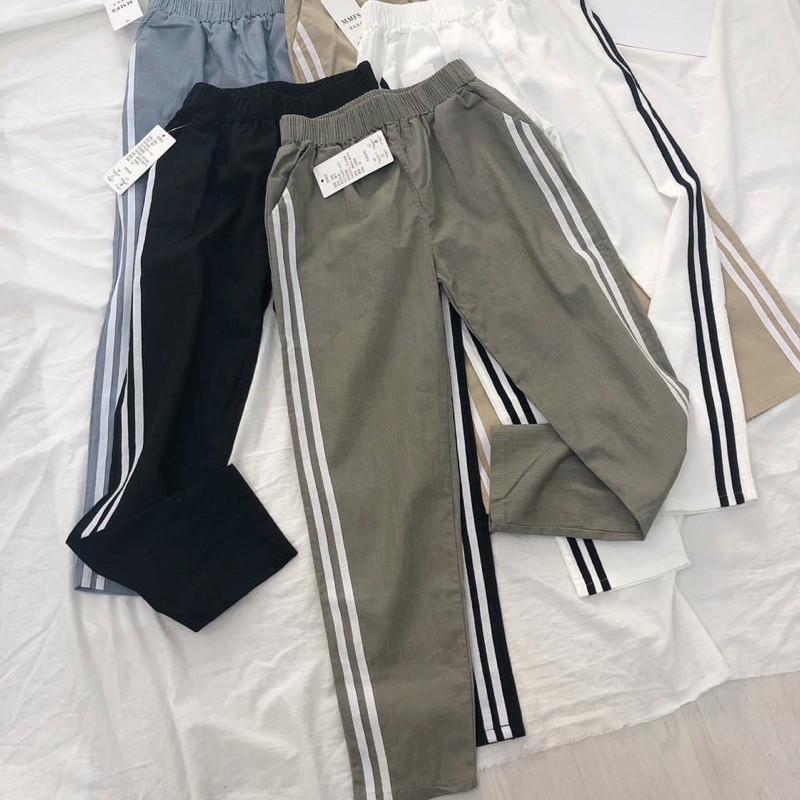 Quần baggy nữ 2 sọc lưng thun vải cotton linen co giãn tốt nhiều màu tạo điểm nhấn cá tính dễ phối áo - Pumi