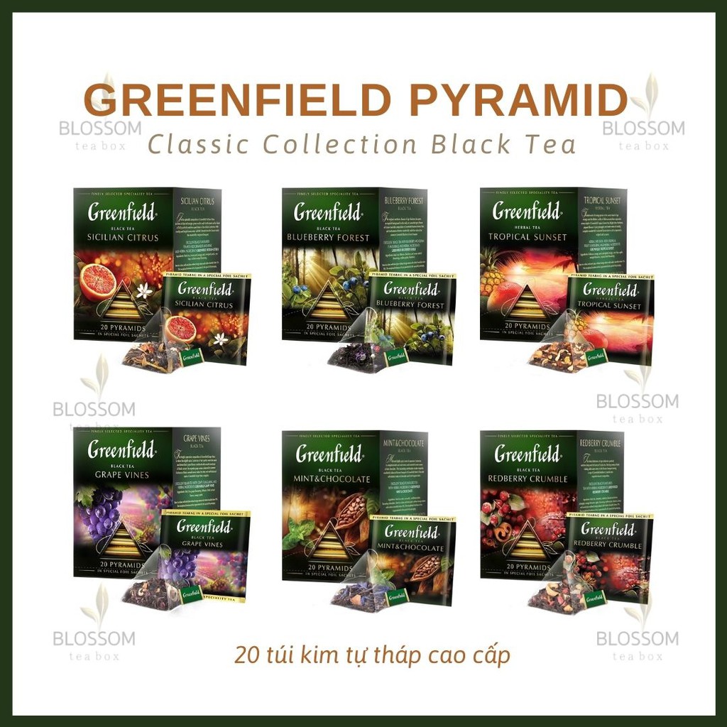 [Full hộp/ mix 20gói] Trà Greenfield Pyramid - Trà hoa quả, Earl Grey, Ceylon, Genmaicha Nhật Bản