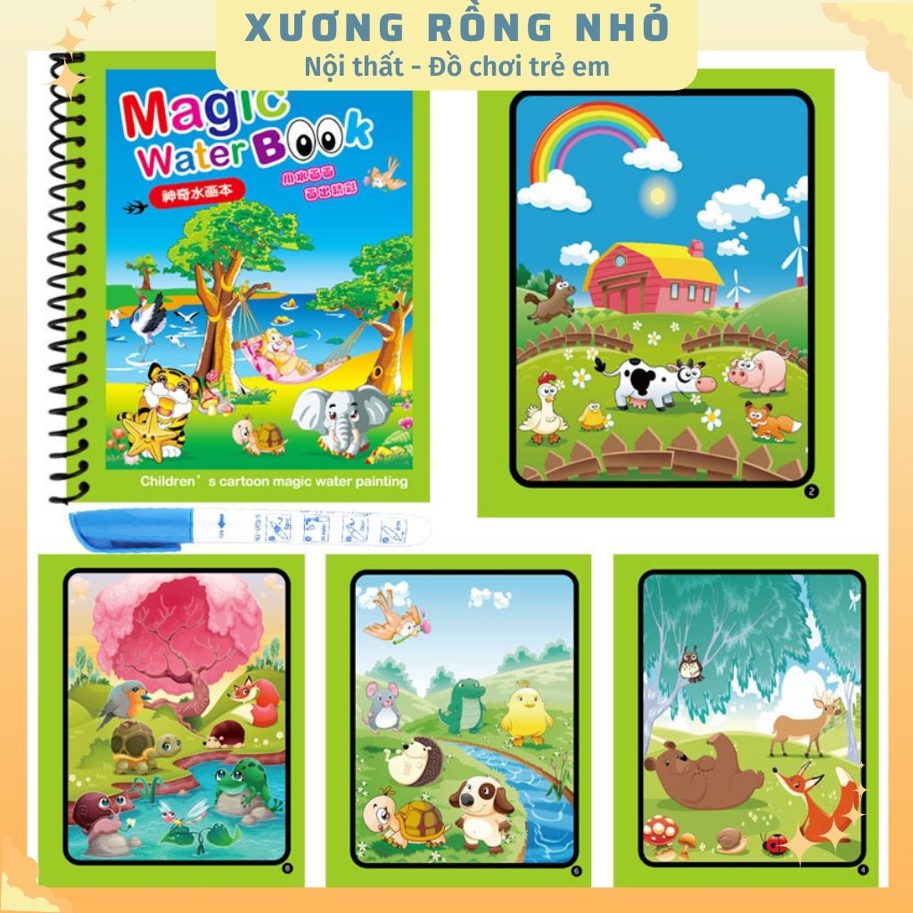 Tranh Tô Màu Nước Ma Thuật Tự Xóa, Sách Tập Tô Thần Kỳ, Magic Water Book Cho Bé Tặng 1 Bút Tô Màu