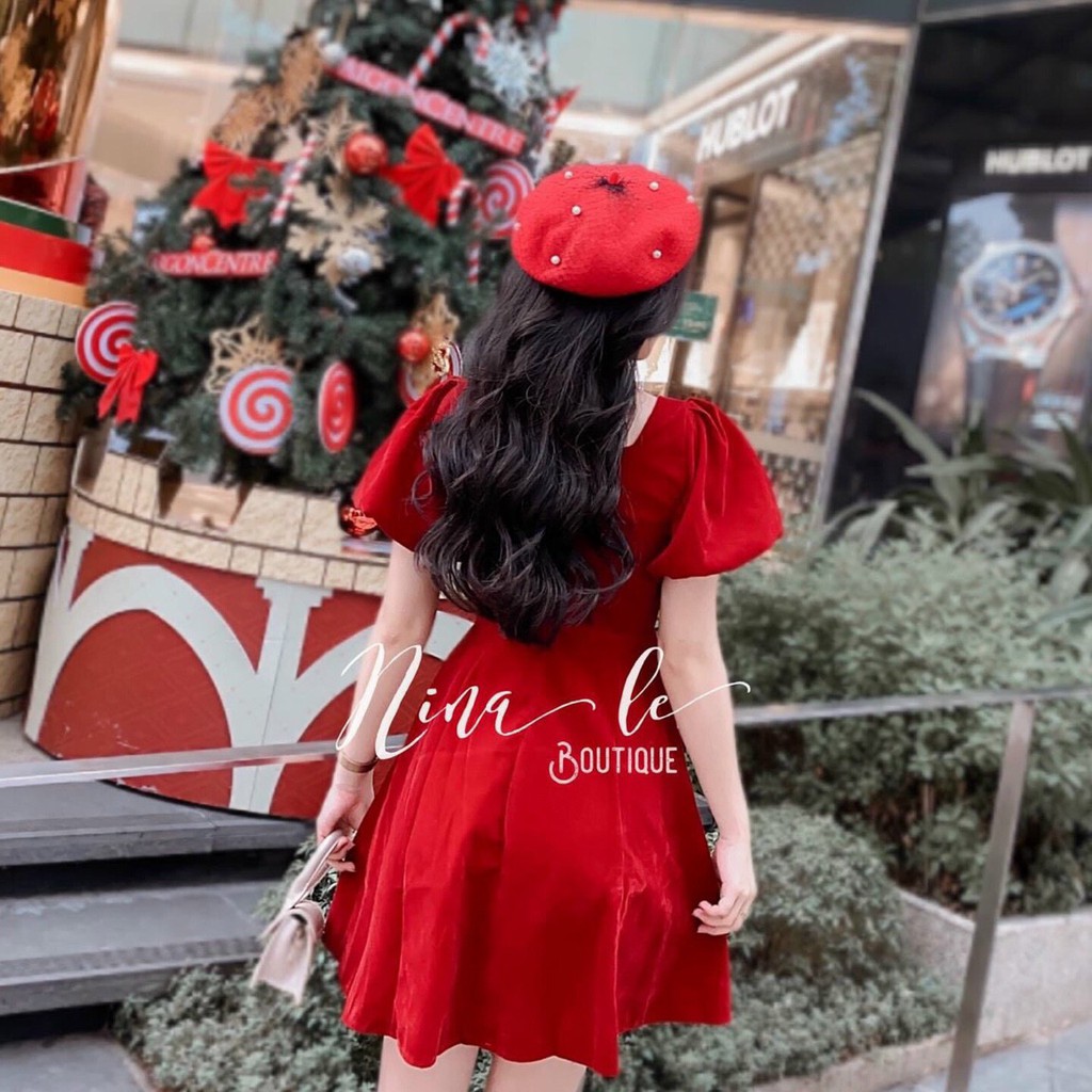 Đầm Xòe Tay Phồng Đính Cườm,Có Mút Ngực,Chất Liệu Umi,Màu Sắc Nhã Nhặn