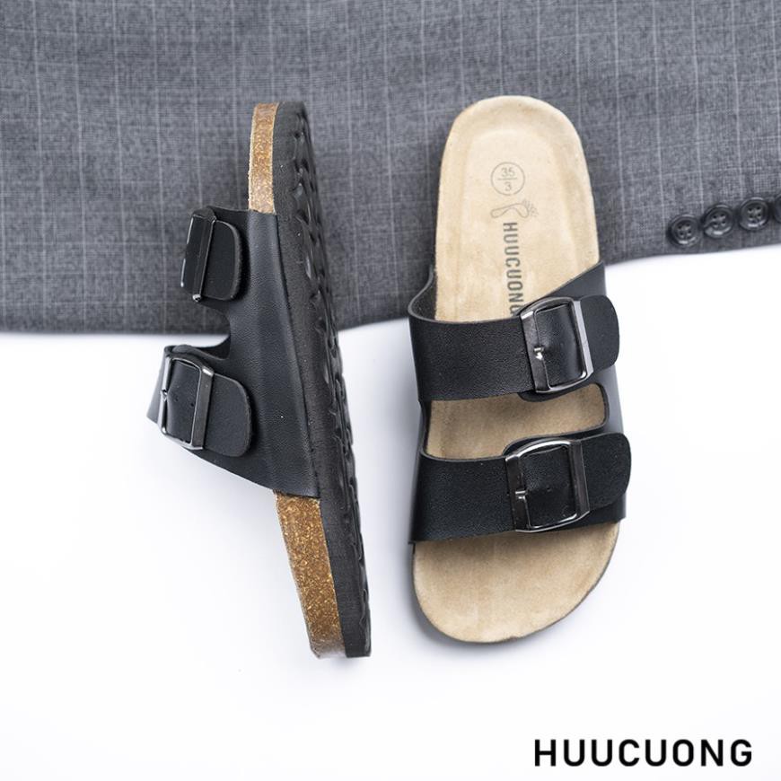 Dép unisex HuuCuong 2 khóa pu màu đen Unisex đế trấu