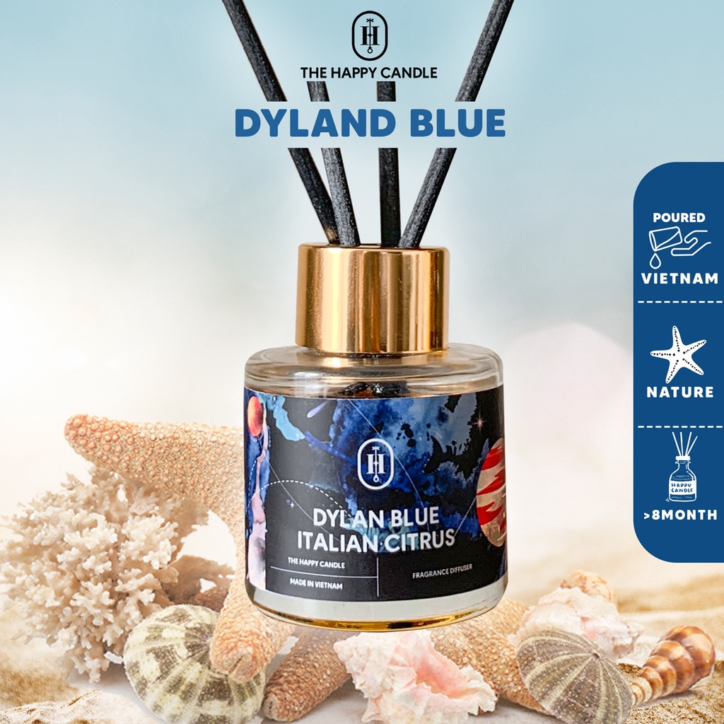 50ml, Tinh dầu thơm phòng cao cấp 100% thiên nhiên, Lọ cắm que, Vietnam diffuser - DYLAN BLUE - HAPP