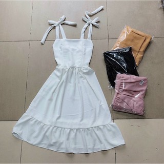 Đầm 2 dây cột nơ vải đũi