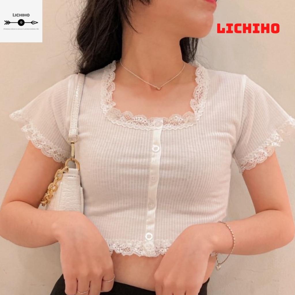 Áo croptop tay ngắn cổ vuông viền ren CT05 LICHHO ôm body gợi cảm quyến rủ co giản tốt