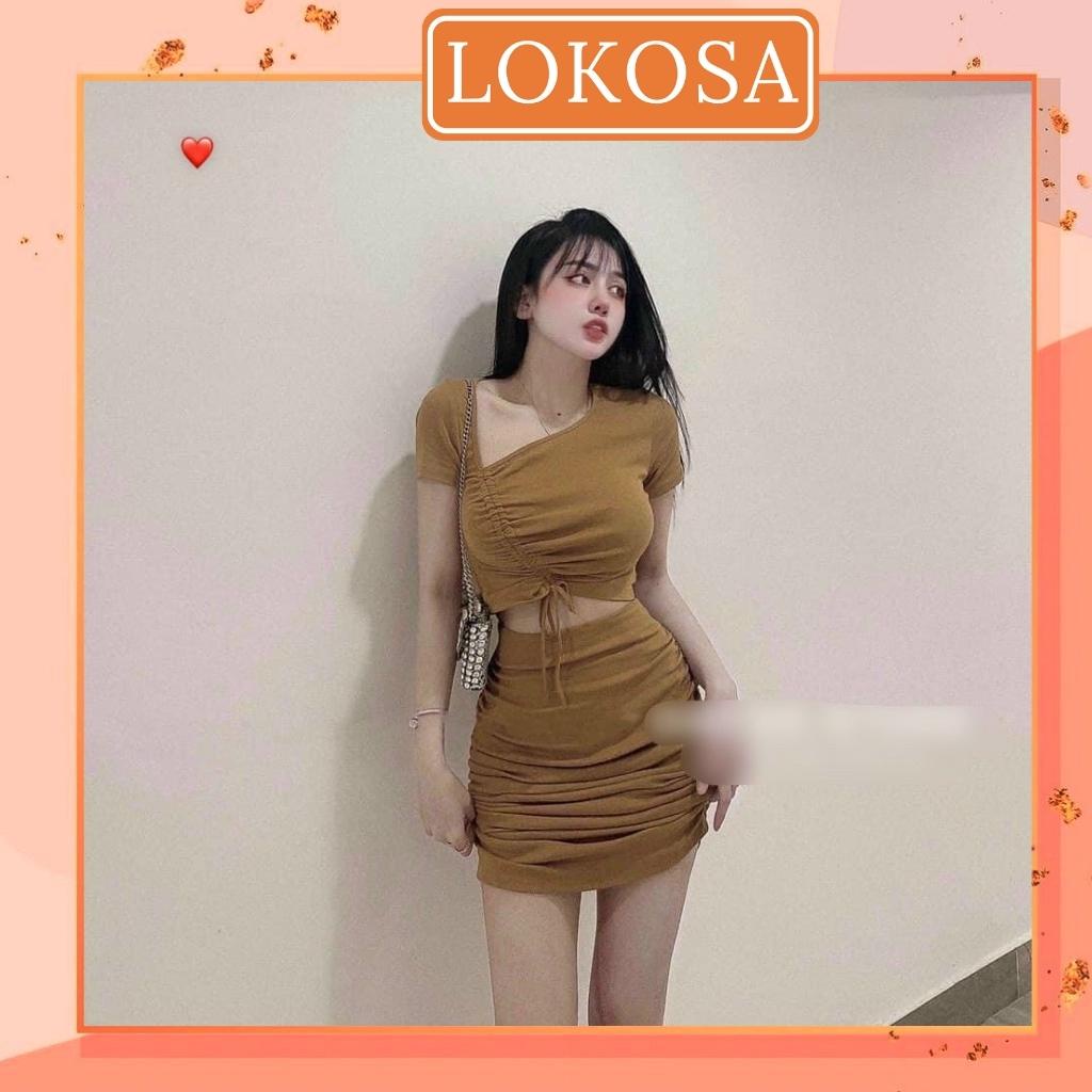 Set Croptop LOKOSA Bộ 2 Món Áo Croptop Nữ Tay Ngắn Rút Dây Chân Váy Chữ A Nhún Ôm Ngắn Body VD084 | BigBuy360 - bigbuy360.vn