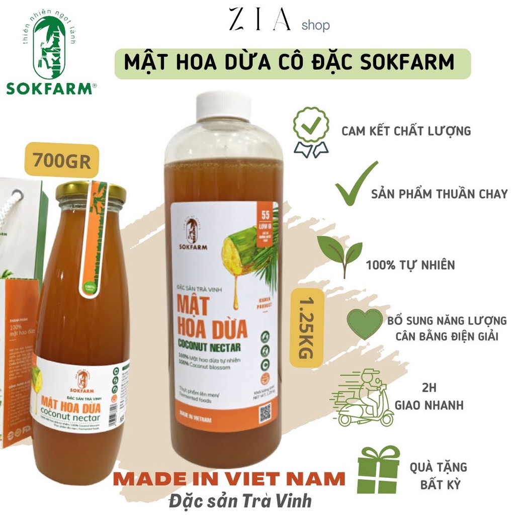 MẬT HOA DỪA SOKFARM TRÀ VINH CÔ ĐẶC CHO NGƯỜI ĂN KIÊNG, THUẦN CHAY CHAI 700G VÀ 1,25KG BỔ SUNG NĂNG LƯỢNG, ĐIỆN GIẢI