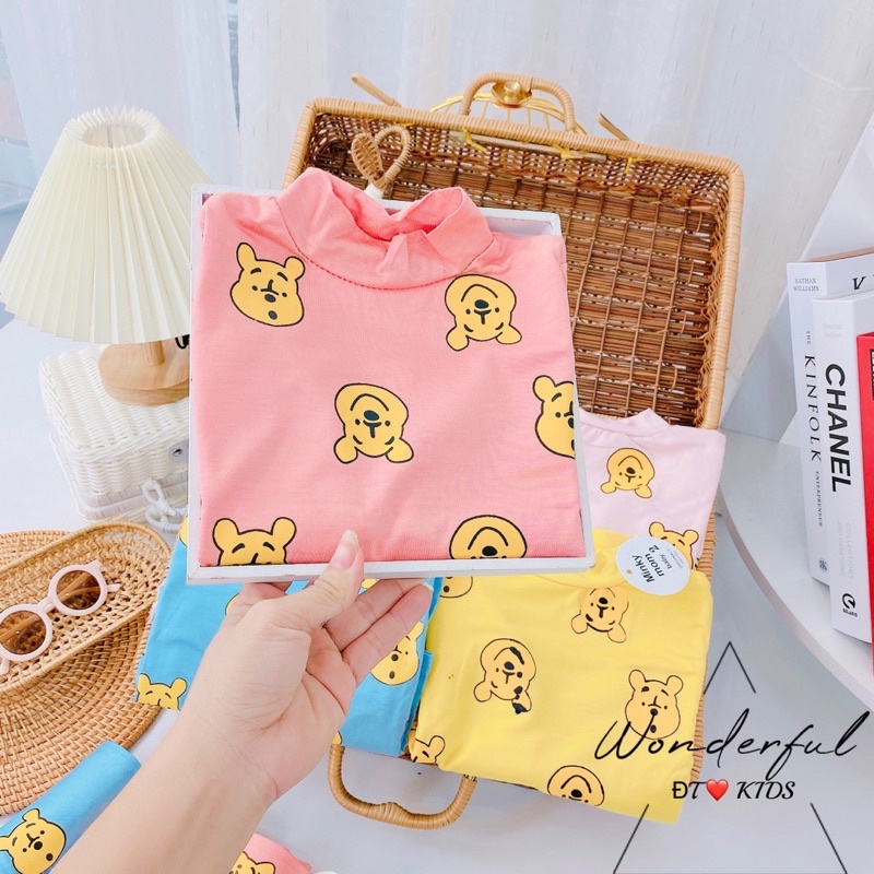 Bộ minky mom dài tay , Bộ thu đông cho bé cổ cao Quần áo bé gái bé trai họa tiết gấu Pooh