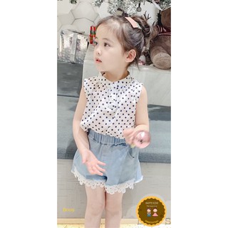 Set sơ mi chấm bi quần jean bé gái siêu xinh