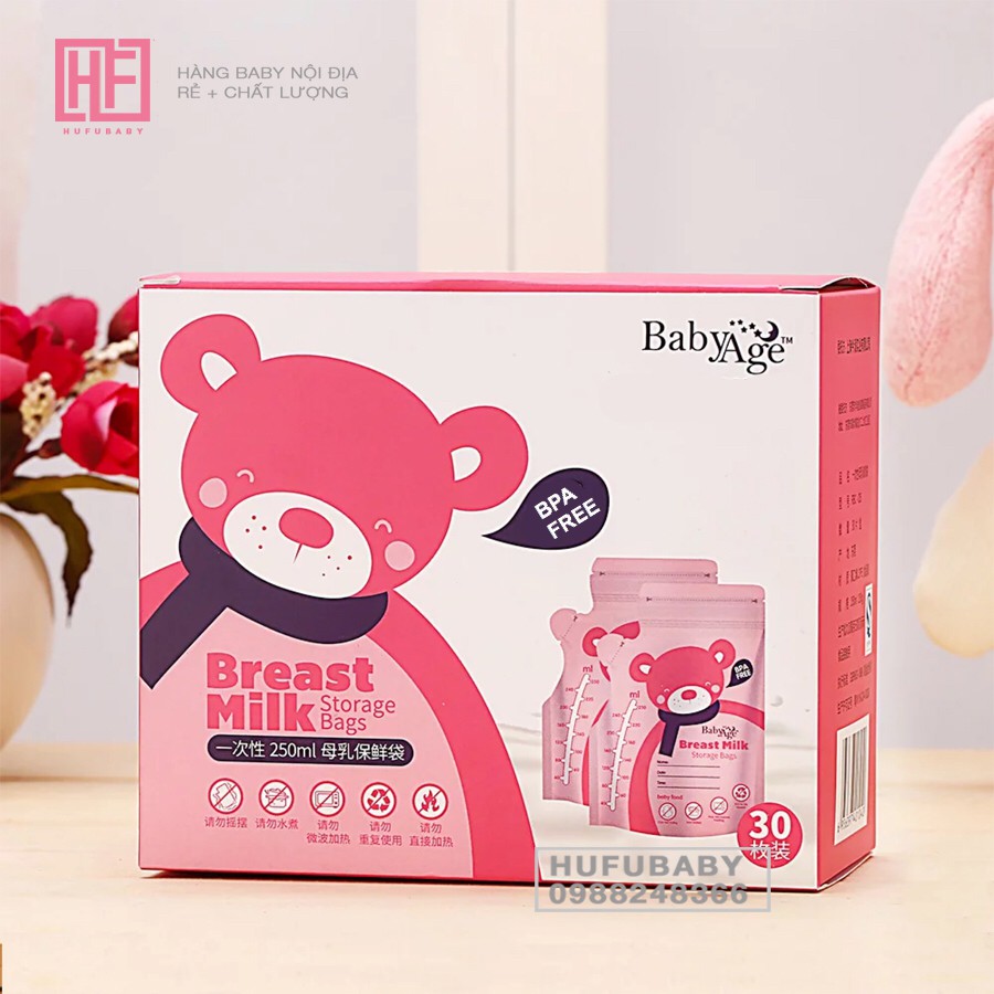 Hộp 30 túi trữ sữa Baby Age loại 100ml và 250ml có 2 zip