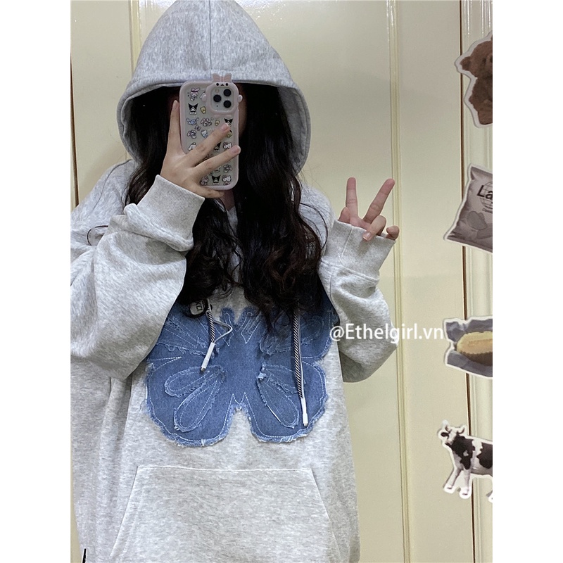 Ethelgirl Áo Nỉ Nữ Dài Tay Có Mũ Form Dài Rộng Thời Trang Hàn