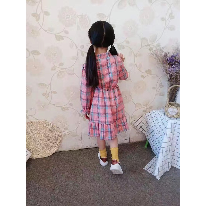 Váy đầm xoè dài tay hoạ tiết caro cho bé gái  Cao 110-160cm, nặng 14-40kg) N00978