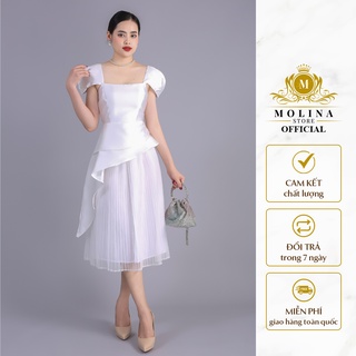 Set Váy Nữ Thiết Kế Molina Dáng Xòe Dập Li Hai Lớp, Kèm Áo Peplum Vạt Chéo Thanh Lịch Chất Phi Bóng Dày Dặn
