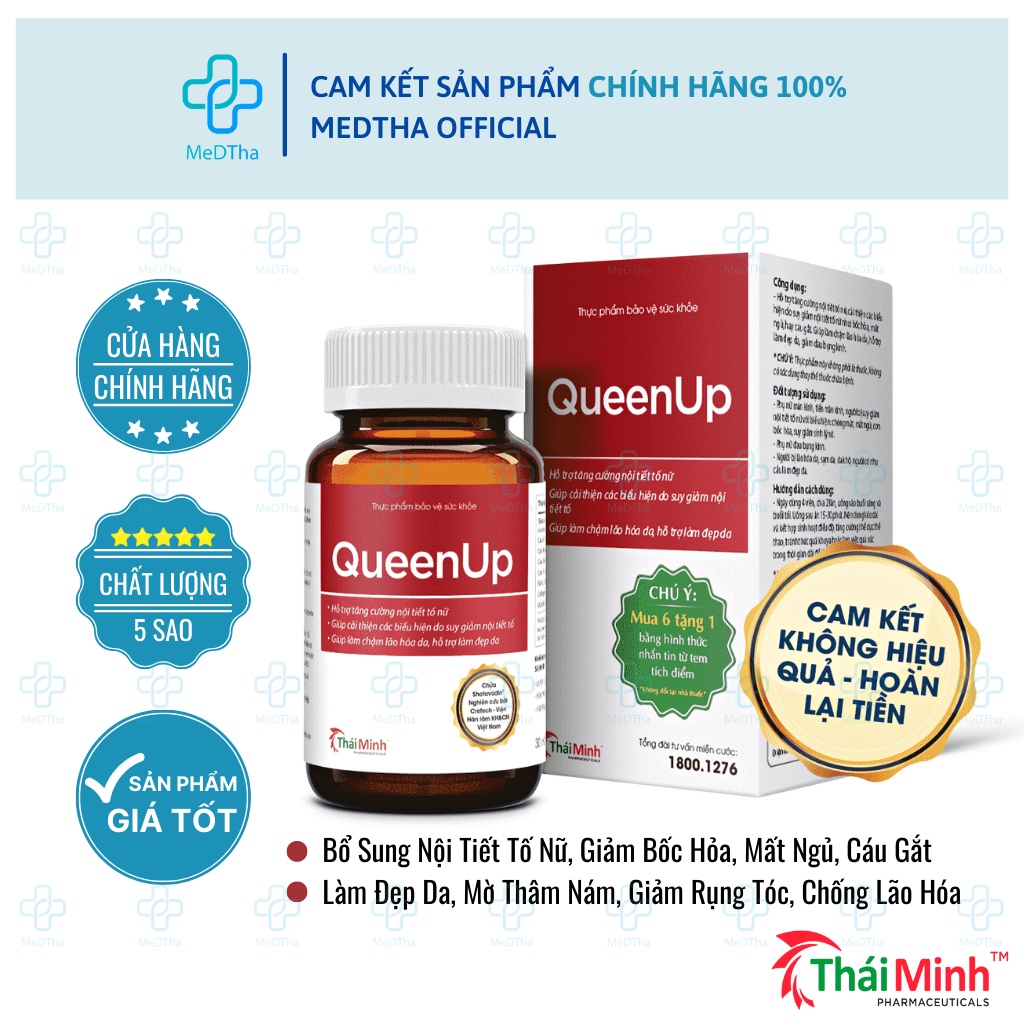 QueenUp - Bổ Sung Nội Tiết Tố Nữ, Giảm Triệu Chứng Bốc Hỏa, Mất Ngủ, Làm Đẹp Da, Chống Lão Hóa (30 viên) [Chính Hãng]