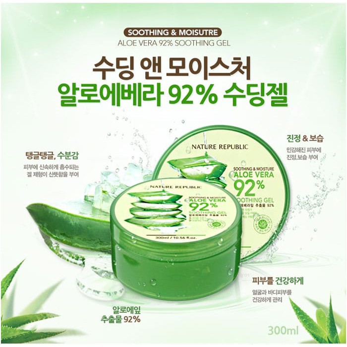 Gel lô hội Soothing & Moisture Aloe Vera 92% Nature Republic 300ml - Cung cấp nước, độ ẩm -giảm bớt nếp nhăn