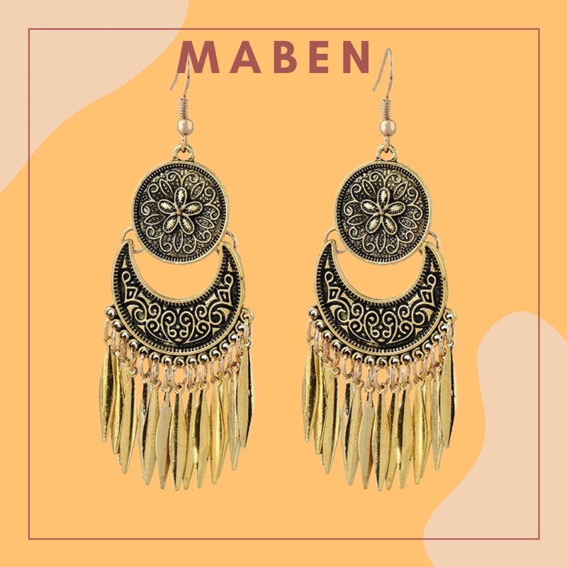 Khuyên tai bohemian dạng thả in hoa văn dân tộc - Maben