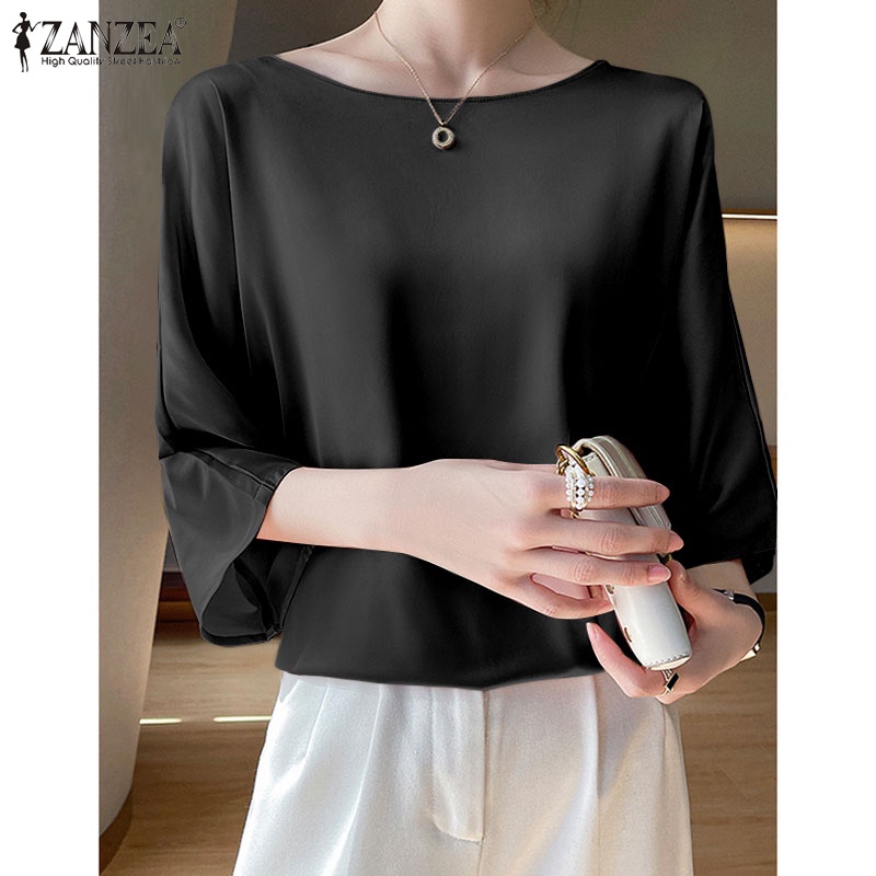 Zanzea Áo Sơ Mi Cổ Tròn Tay Lửng Vải Satin Thời Trang Công Sở Cho Bạn Gái
