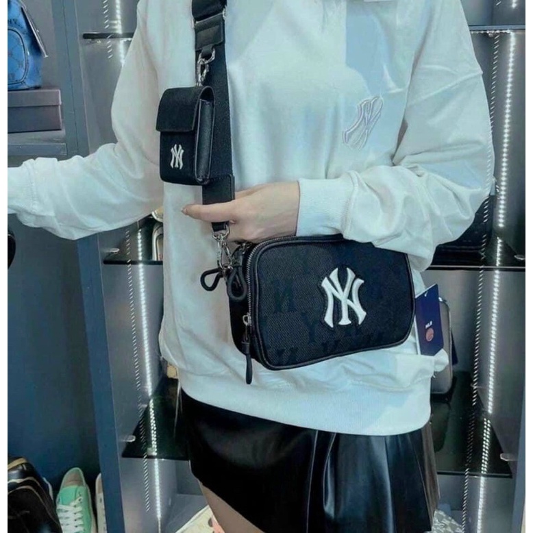 Set túi MLB hộp đeo chéo nam nữ kèm charm ví hàng chuẩn size 18