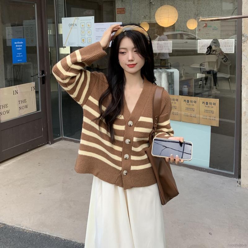 Áo khoác cardigan dài tay cổ chữ V dáng rộng họa tiết kẻ sọc bằng dệt kim gân phong cách retro thời trang cho nữ