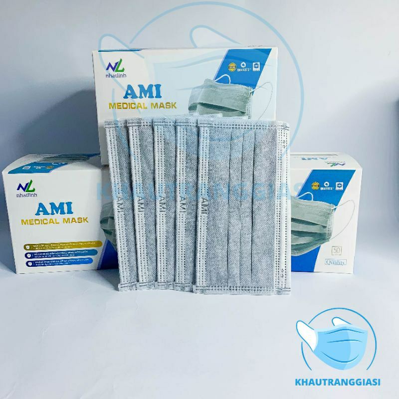 (Giấy kháng khuẩn) Khẩu trang y tế 4 lớp AMI màu xám hộp 50 chiếc