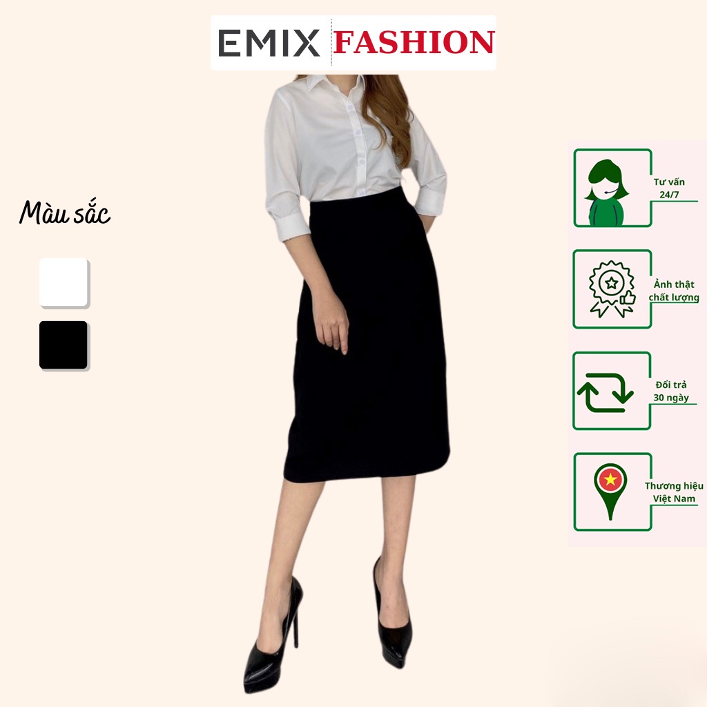 Chân váy chữ A công sở EMIX (màu đen), midi, dáng dài, cạp cao, khóa kéo hông, vải umi co giãn, mềm mịn, không bai xù