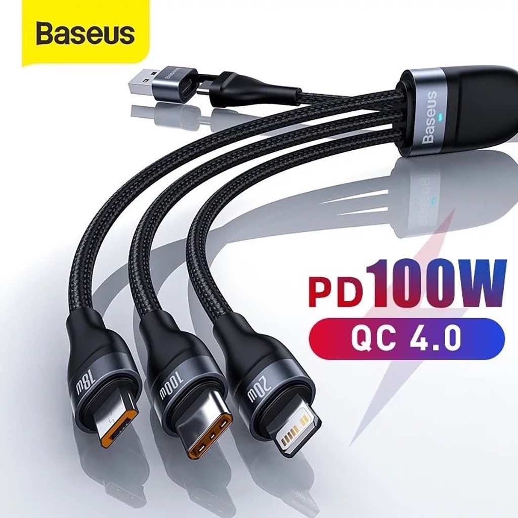 Cáp Sạc Siêu Nhanh 3 Đầu Baseus Flash Series 3 in1 Plus 100W (USB + Type C to Micro + + Type-C)
