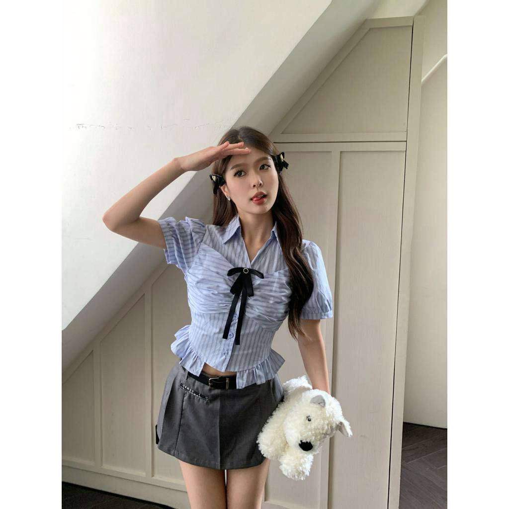 Bộ Áo Sơ Mi Thắt Nơ Eo + Chân Váy Xếp Ly Thời Trang Phong Cách Hàn Quốc Cho Nữ