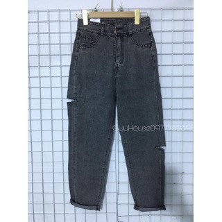 Quần jeans nữ baggy xám - Quần bò dáng baggy rách lệch cạp cao ống đứng - CM Fashion