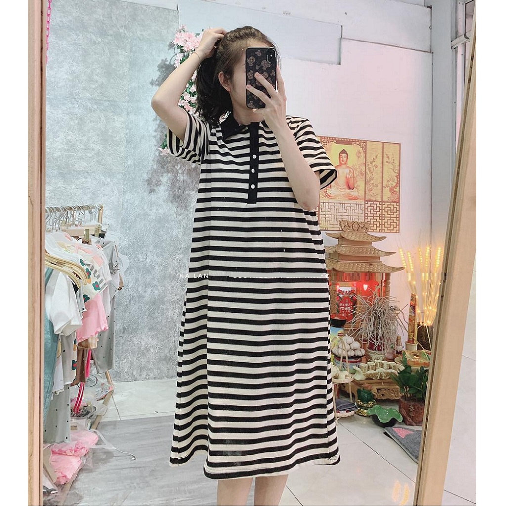 Váy bầu kẻ cotton, đầm bầu  hàng đẹp loại 1, cổ sơmi form suông rộng cực xinh trẻ cho mẹ đi làm, đi chơi