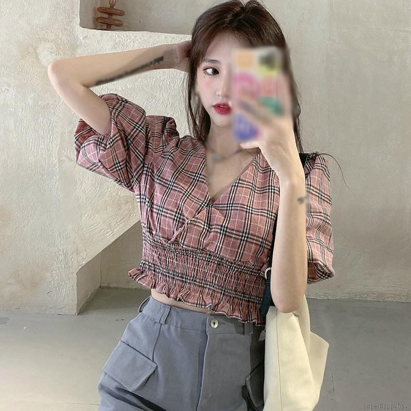 Áo croptop tay phồng cổ chữ V in caro thời trang cho nữ