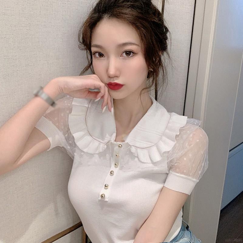 Áo dệt kim tay ngắn phối lưới phong cách retro thời trang cho nữ