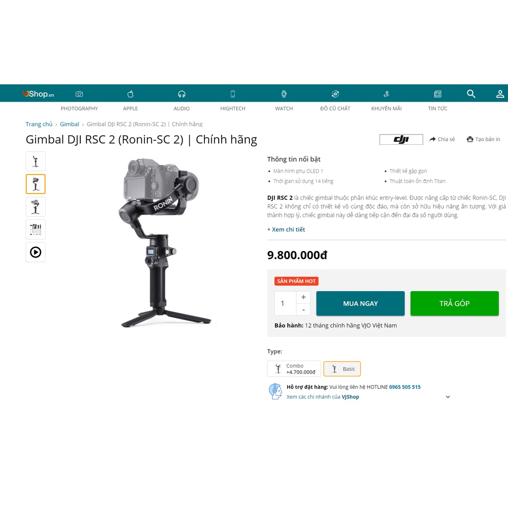 [ CHÍNH HÃNG TỪ VJ SHOP] Gimbal Chống Rung Máy Ảnh DJI RSC 2 (Ronin-SC 2) Like New 99%