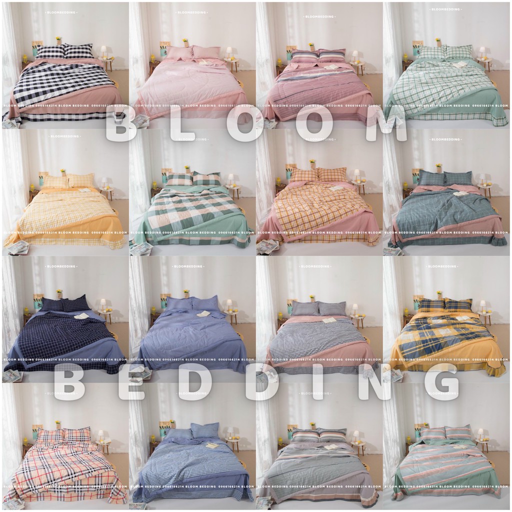 (17 Màu) Set Chăn Ga Gối Cotton Đũi Kẻ Chăn Chần 4 món - Hàng loại 1