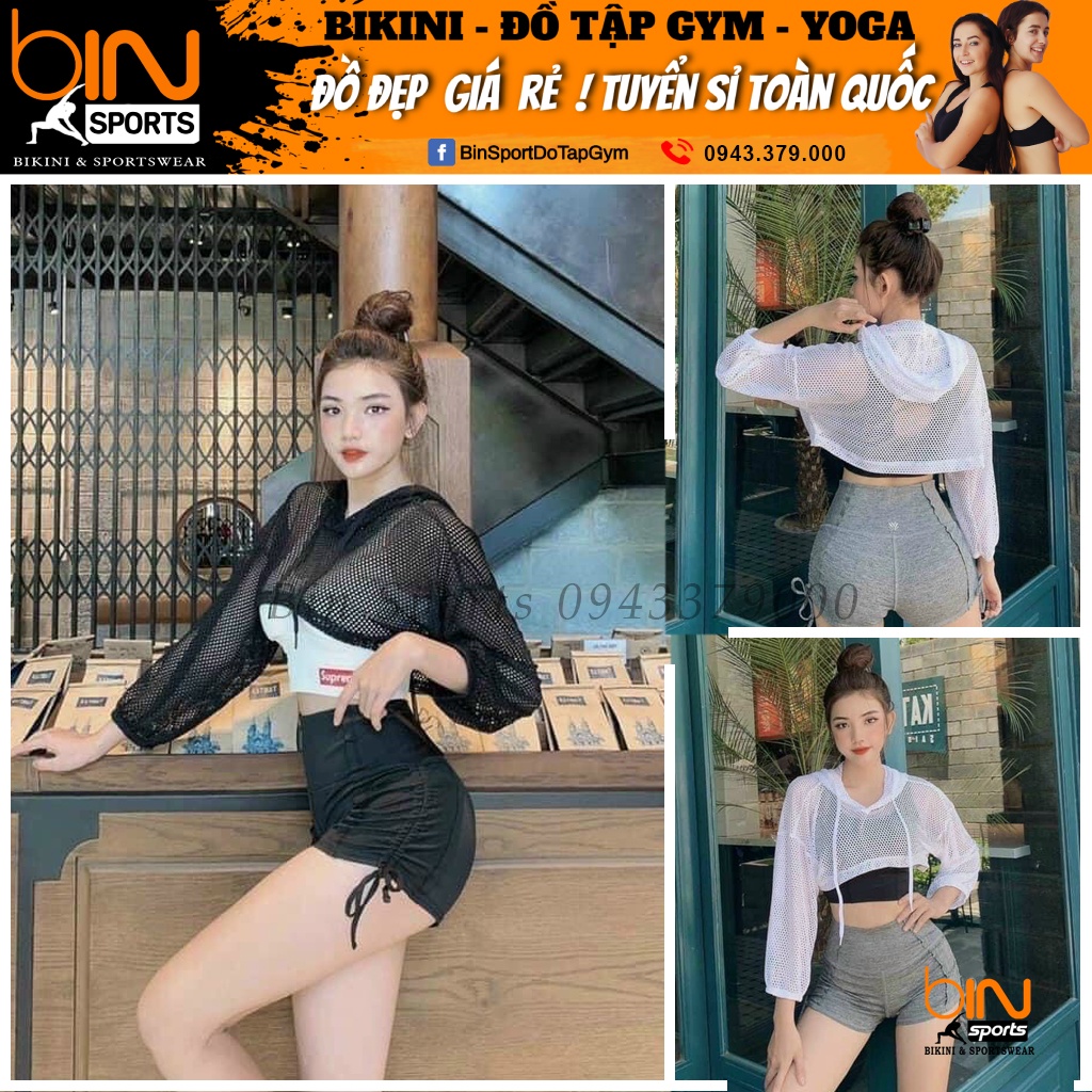 Aó tập gym yoga thể thao nữ, áo tank lưới khoác ngoài có mũ nhiều màu Bin Sports A182