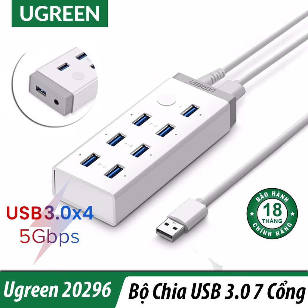 Bộ chia USB 7 Cổng USB 3.0 Cao Cấp Có công tắc+Nguồn 12V 2A Chính Hãng Ugreen 20296 CR116