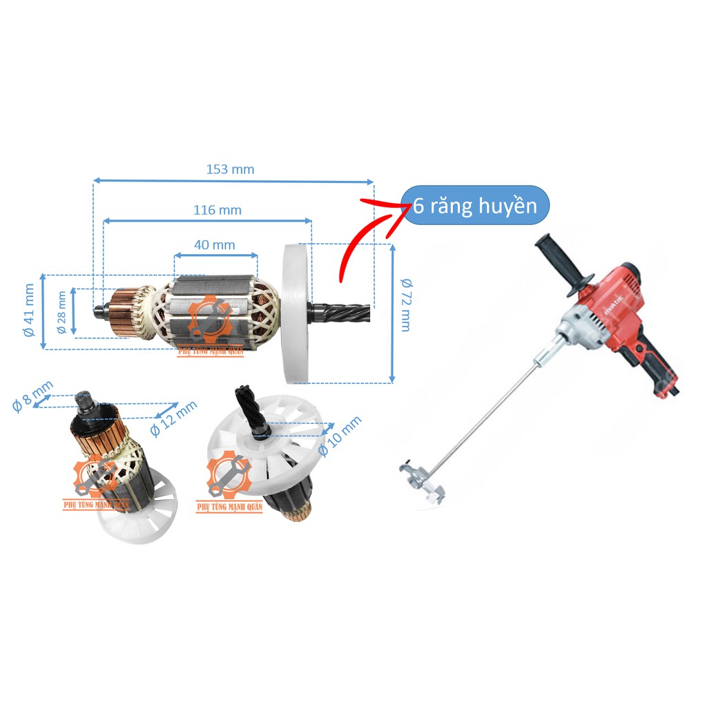 rotor/ruột máy đánh bột( máy khuấy sơn) 6 răng tặng kèm chổi than cao cấp