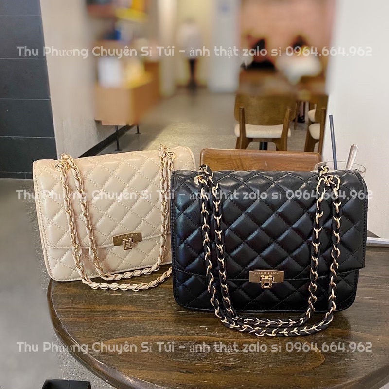 Túi Xách Nữ, Túi Đeo Chéo Trần Trám Khoá Gập Size 24 Dập Logo Đầy Đủ