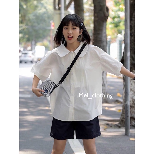 [Ảnh thật/video] Áo sơmi cộc tay babydoll cổ sen dáng rộng cute