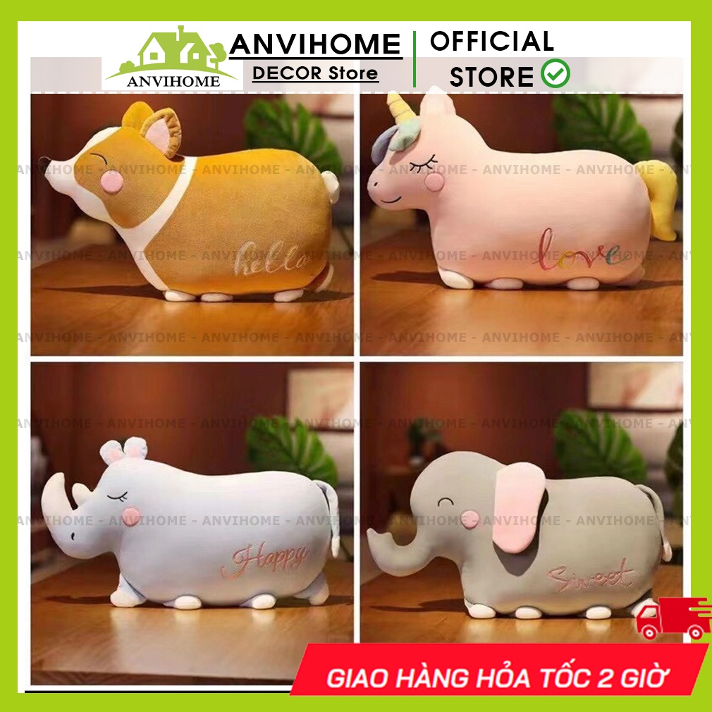 Bộ gối kèm mền hình Chó Corgi Tê giác, voi, Ngựa Pony dáng đi cười tít mắt (Bộ chăn gối hình thú) ANVIHOME