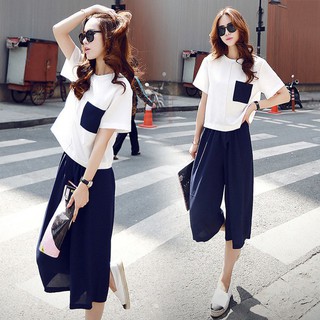 Set áo cổ tròn tay ngắn phối túi + quần form rộng thời trang cho nữ